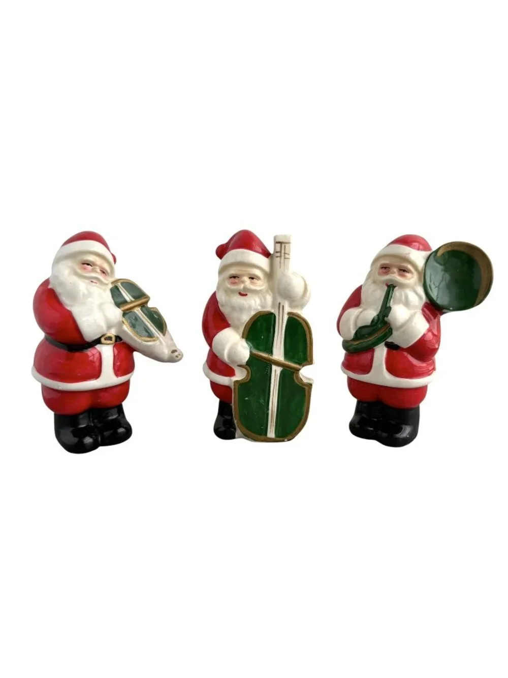 Vintage Musician Santa Playing Cello Violin Tuba Band Ceramic Figurines Set Of 3